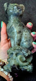 XXL Labradorite Crystal Cat Sitting on Skull Statue ☠️💀🐈🐾✨🤩