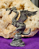 Antique Vintage Pewter Dragon Perched on Skull Figurine w/Red Eyes