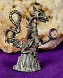 Vintage Antique Pewter Dragon Skeleton Figurine Holding Crystal Sphere 🔮✨🐲🐉💀☠️