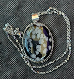 SS925 Stunning Unique Oval Shaped Snowflake Obsidian Crystal Pendant w/Stainless Steel Chain 📿✨💜💎