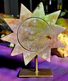 LG. Pink Amethyst Crystal Sun Carving on Rose Gold Colored Metal Display Stand 🌞🩷✨🌻