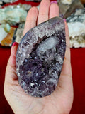 LG. Open Mouthed Smokey Amethyst Set in Blue Lace Agate Crystal Pet Geode 💜🥹🌬️