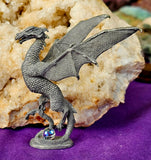 LG. Vintage Antique Pewter Flying Dragon Figurine w/Crystal Ball🐉🔮✨🪽🐲