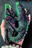 XL Zoisite & Ruby Crystal Lizard on Rock Carving 💚🦎✨🤯🩷🪨