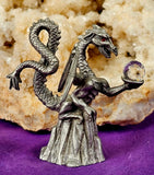 Vintage Antique Pewter Dragon Figurine w/Crystal Sphere Red Eyes 🐲❤️🐉🩶