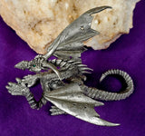 LG. Vintage Antique Pewter Dragon Wearing Armor Detailed w/Green Eyes 💚🐉🐲🩶