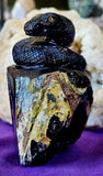 LG. Black Agate w/Vug & Druzy Crystal Snake Carving on Rock 🪨🖤🐍✨🤩💎