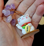 Fortune Kitty Waving w/Wire Wrapped Amethyst Crystal Tree