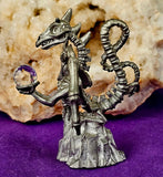Vintage Antique Pewter Dragon Skeleton Figurine Holding Crystal Sphere 🔮✨🐲🐉💀☠️