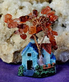 Blue Mini Cottage w Wire Wrapped Carnelian Crystal Tree 💙🌳❤️🏡