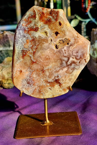 MD. Polished/Raw Pink Amethyst Crystal Slab w/Hematoid Inclusions on Custom Metal Stand ♥️🌸✨🥰🩷