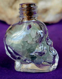Green Fluorite Crystal Chips in Skull Shaped Glass Bottle w/Cork ☠️💀✨💚🍏