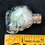 Green Fluorite Crystal Chips in Skull Shaped Glass Bottle w/Cork ☠️💀✨💚🍏