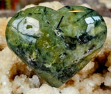 Prehnite w/Black Tourmaline & Vugs Crystal Puffy Heart 💚✨🤩🖤