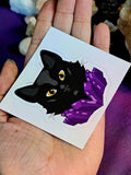LG. Cute Black Cat w/Purple Crystals Vinyl Sticker 💜🐾✨🐈‍⬛🥰