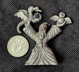 Vintage Antique Pewter Wizard Figurine with Dragon, Owl & Crystal Ball
