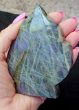 LG. FULL PURPLE FLASH Labradorite Crystal Leaf Carving 💜✨🌿🤩🍃
