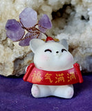 Happy Kitty Holding Banner w/Wire Wrapped Amethyst Crystal Tree 🐈🧧🌳💜