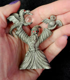 Vintage Antique Pewter Wizard Figurine with Dragon, Owl & Crystal Ball